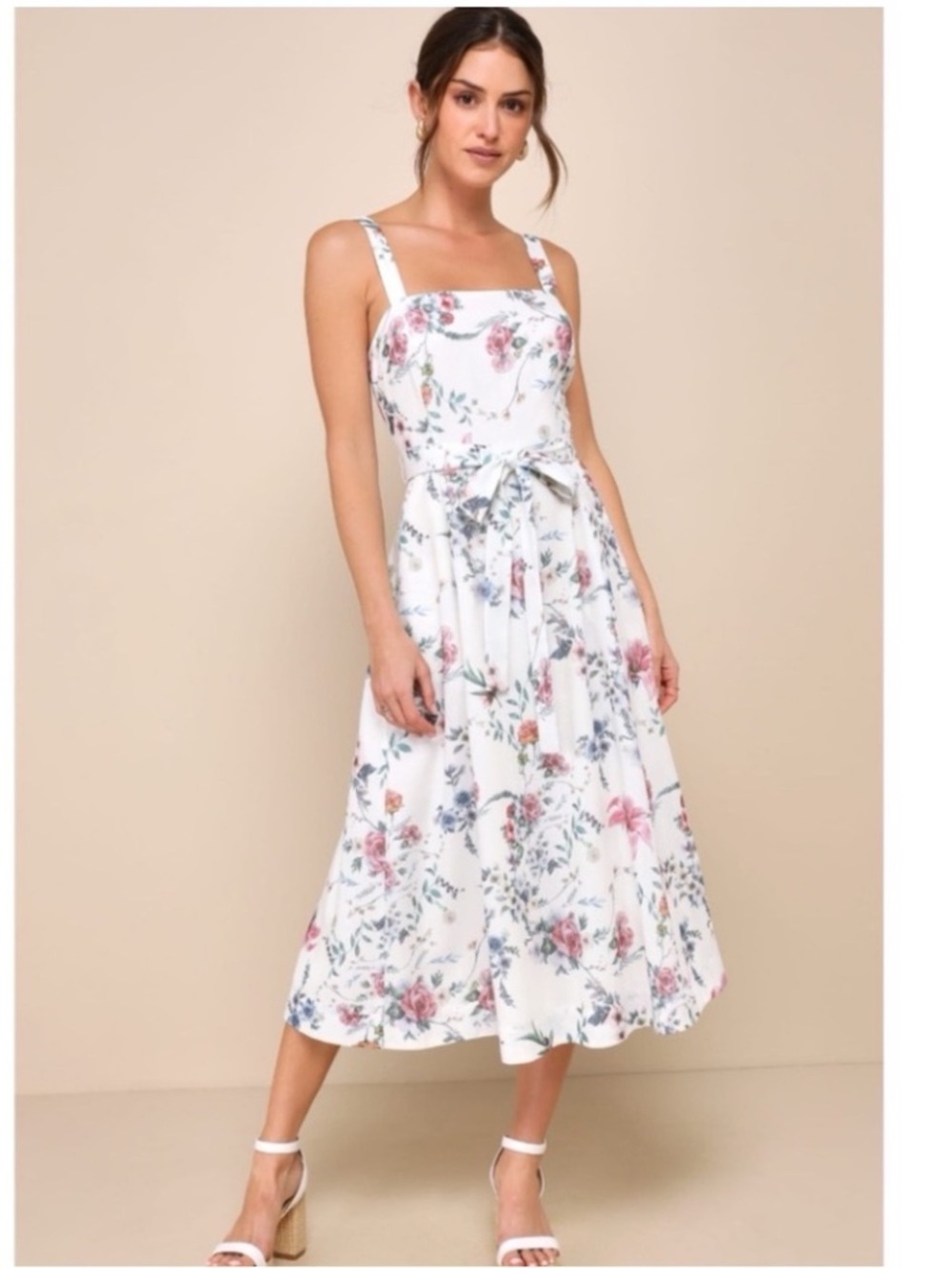 New Lulus Sunny Posture Floral Square-Neck Midi Dress - MISSING BELT Sz Small